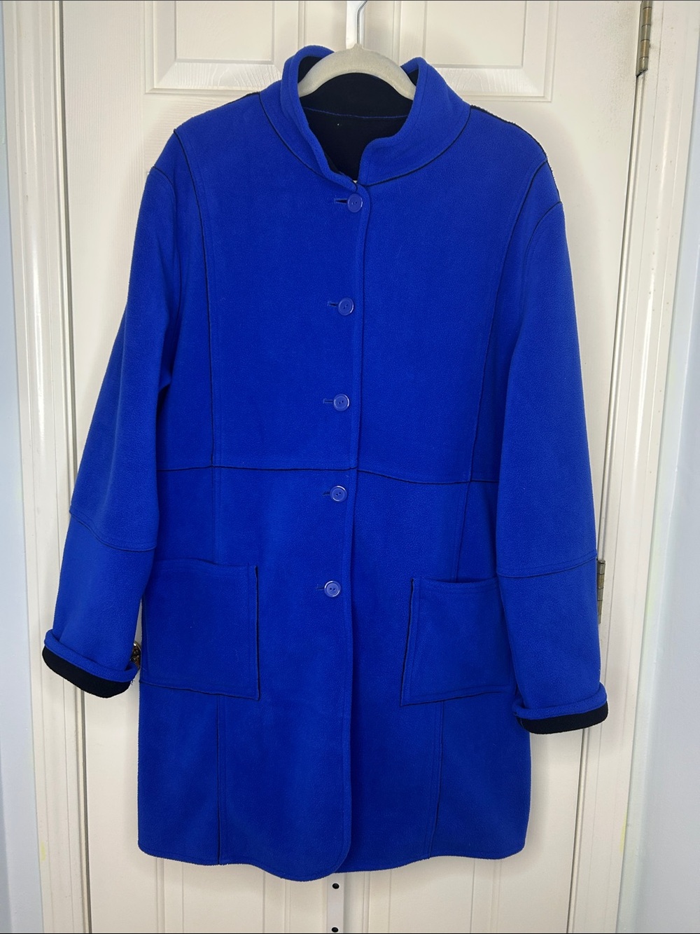 Susan Graver Reversible Royal Blue Fleece Button-Front Pea Coat